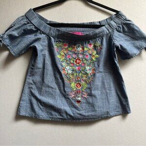 MACBETH Collection Chambray All Day Floral Embroidered Blue Off Shoulder Sz XS